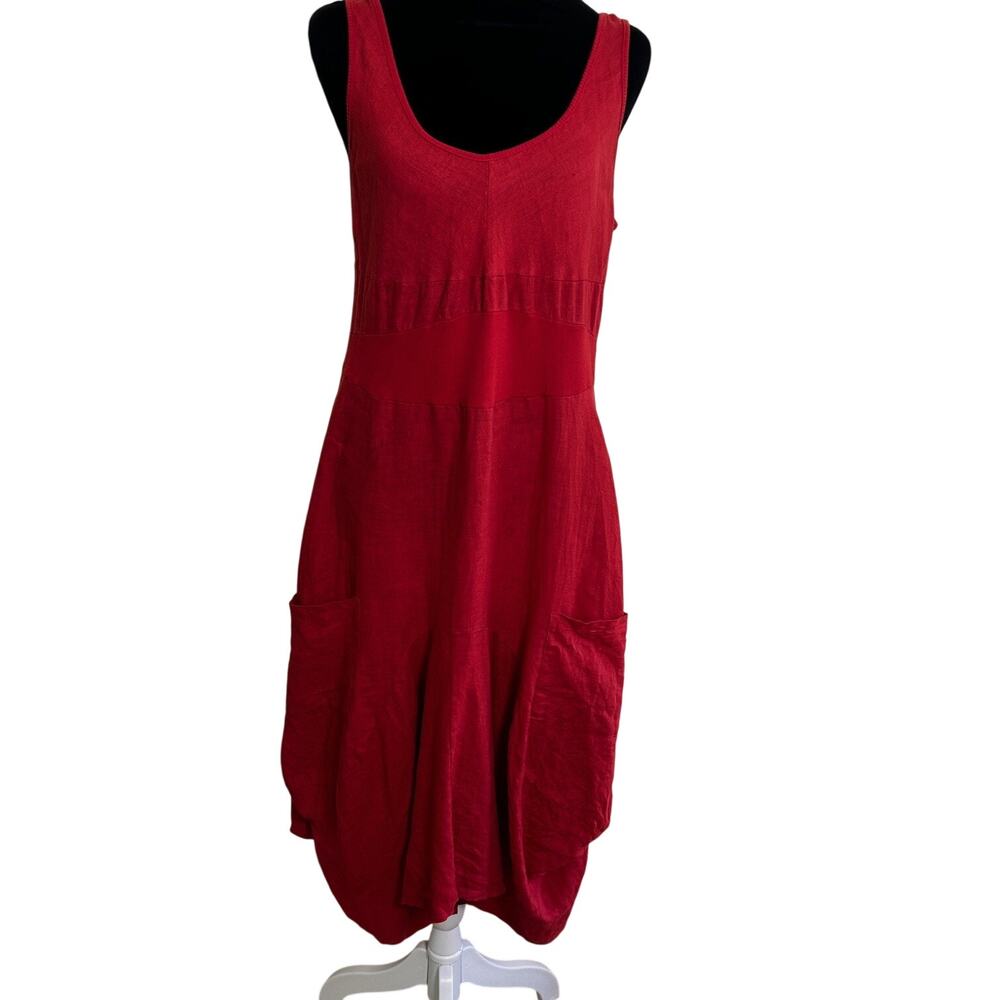 Inizio Magic Linen Dress XL Red Bubble Hem Lagenlook Sleeveless Italy Pockets - Picture 2 of 10